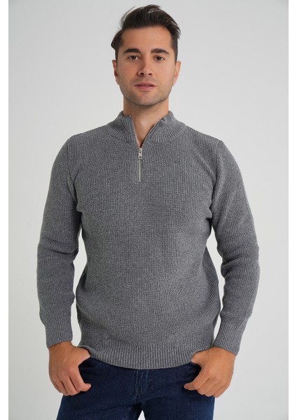 Trıst Star Erkek Kısa Fermuarlı Dik Yaka Selanik Örgü Yün Kazak TRIST-5358