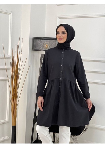 Doğal Kumaşlı Düğmeli Tunik- Koyu Mavi Siyah-