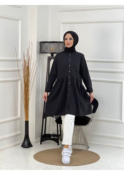 Doğal Kumaşlı Düğmeli Tunik- Koyu Mavi Siyah- fiyatları