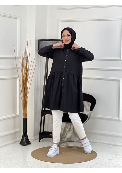 Doğal Kumaşlı Düğmeli Tunik- Koyu Mavi Siyah- modelleri