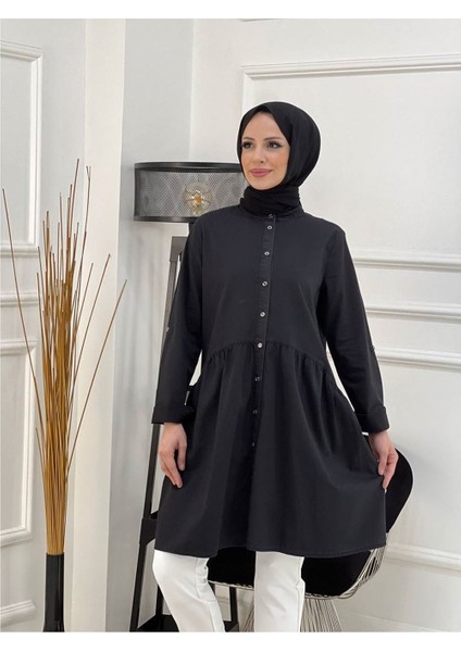 Doğal Kumaşlı Düğmeli Tunik- Koyu Mavi Siyah- fırsatları