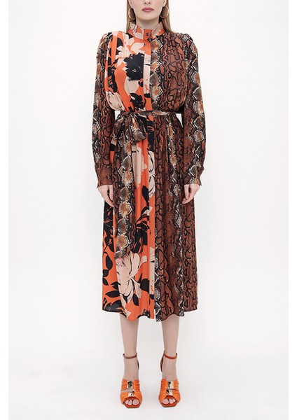 Desenli Vatka Detaylı Kemerli Elbise 93808