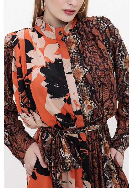 Desenli Vatka Detaylı Kemerli Elbise 93808 modelleri