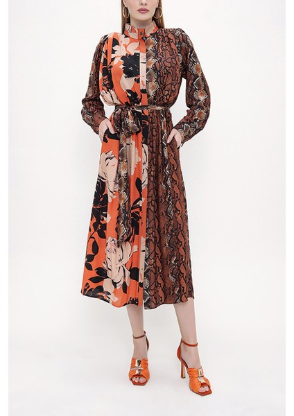 Desenli Vatka Detaylı Kemerli Elbise 93808 indirimleri