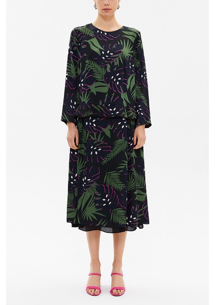 Desenli Fırfır Detaylı Salaş Midi Elbise 93081