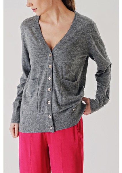 Gri V Yaka Yünlü Uzun Triko Hırka 28867 modelleri