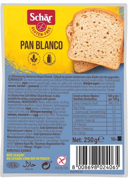 Pan Blanco 250G Glutensiz Dilimli Ekmek