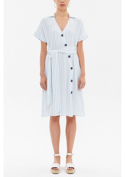 Çizgili Asimetrik Patlı Midi Elbise 92764