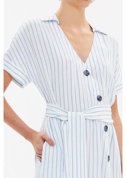 Çizgili Asimetrik Patlı Midi Elbise 92764