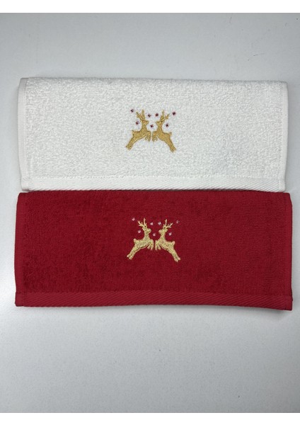 Christmas Geyik Nakışlı Yeni Yıl 2'li Hediyelik Havlu Set – 30x50cm