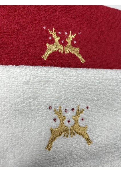 Christmas Geyik Nakışlı Yeni Yıl 2'li Hediyelik Havlu Set – 30x50cm