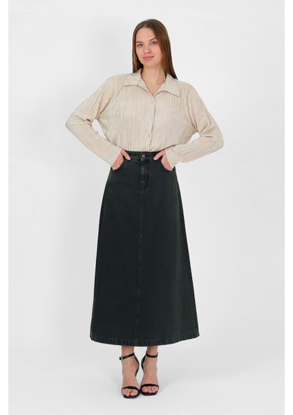 Yüksek Bel A Kesim Denim Etek Haki modelleri