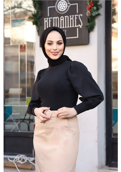 Cep Detaylı Kemerli Tokalı Gabardin Etek Badem