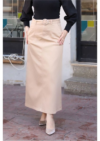 Cep Detaylı Kemerli Tokalı Gabardin Etek Badem fiyatları