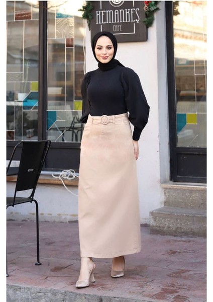 Cep Detaylı Kemerli Tokalı Gabardin Etek Badem modelleri