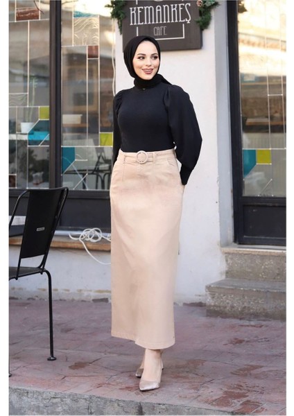 Cep Detaylı Kemerli Tokalı Gabardin Etek Badem fırsatları