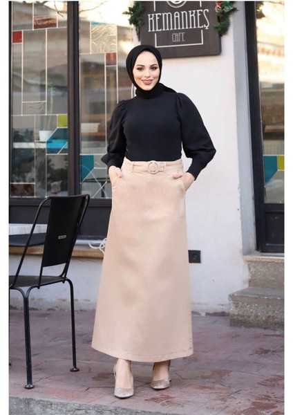 Cep Detaylı Kemerli Tokalı Gabardin Etek Badem indirimleri