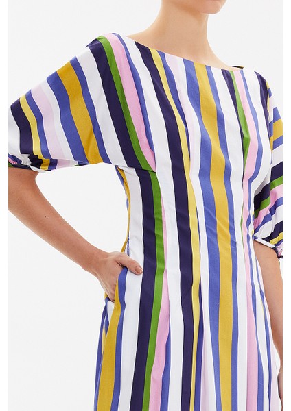 Çizgili Yarasa Kol Fermuarlı Midi Elbise 92690