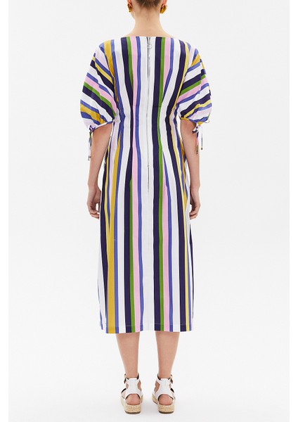 Çizgili Yarasa Kol Fermuarlı Midi Elbise 92690