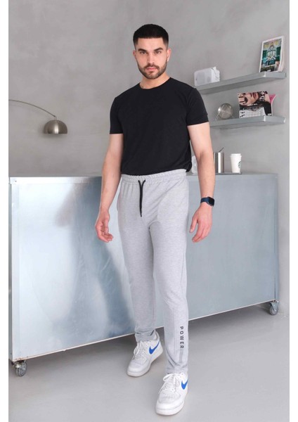 Erkek Beli Bağcıklı Slim Fit Slim Fit Cepli Düz Paça Baskılı Gri Eşofman Altı modelleri