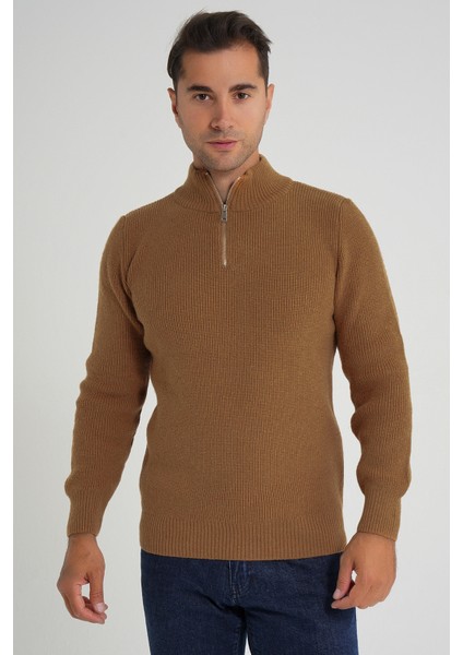 Trıst Star Erkek Kısa Fermuarlı Dik Yaka Selanik Örgü Yün Kazak TRIST-5358