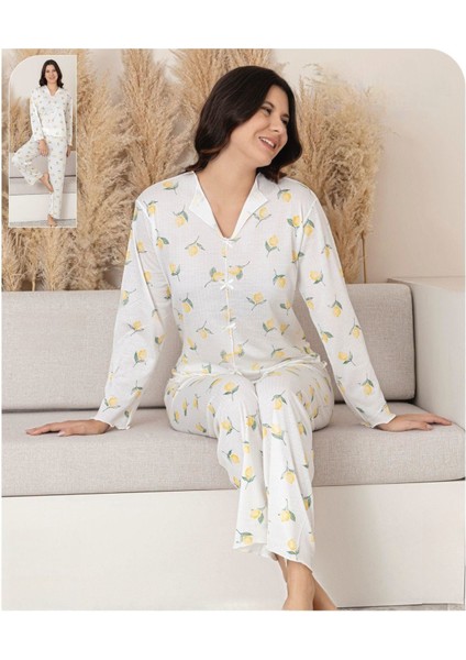 Kadın Uzun Kollu Pijama Beyaz Sarı