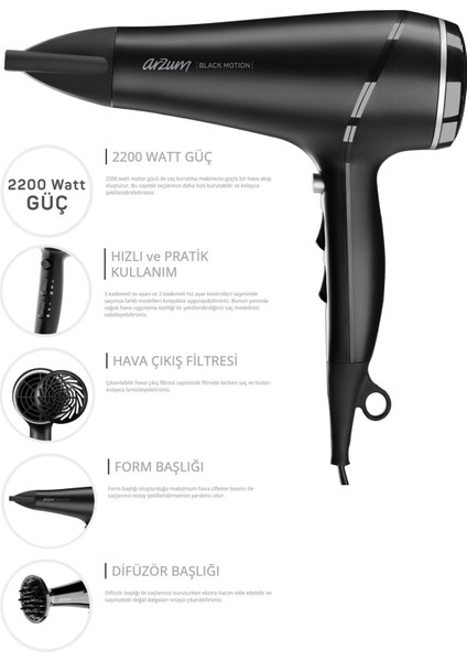 Güçlü 2200W Saç Kurutma Makinesi, Şık Siyah Tasarım, Hızlı ve Etkili Kurutma fiyatları
