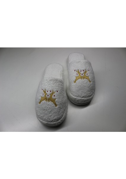 Geyik Nakışlı Banyo Ve Ev Terliği – %100 Pamuk Havlu Kaymaz Kalın Taban