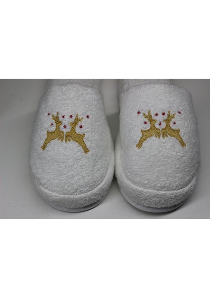 Geyik Nakışlı Banyo Ve Ev Terliği – %100 Pamuk Havlu Kaymaz Kalın Taban