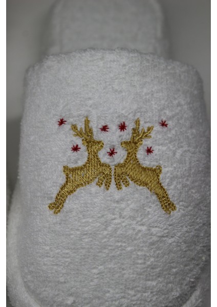 Geyik Nakışlı Banyo Ve Ev Terliği – %100 Pamuk Havlu Kaymaz Kalın Taban