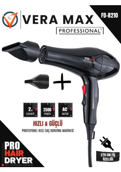 Yüksek Güçlü Profesyonel Saç Kurutma ve Düzleştirme Makinesi, Siyah, 2500W, 2 Yıl Garanti