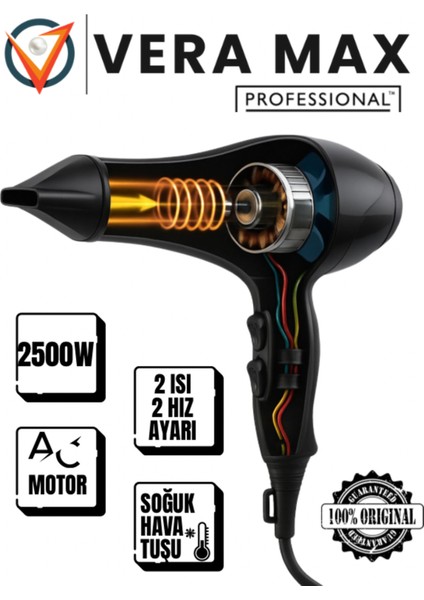 Yüksek Güçlü Profesyonel Saç Kurutma ve Düzleştirme Makinesi, Siyah, 2500W, 2 Yıl Garanti indirimleri