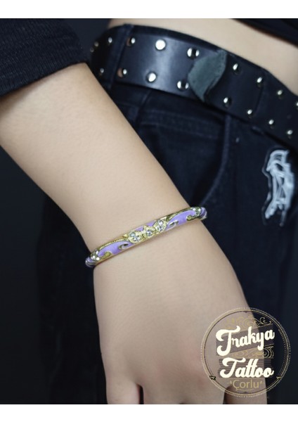 Mineli ve Taşlı Motifli Çelik Bileklik Gold Lila Renk Taşlı