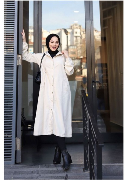 Denim Kapşonlu Kap- Denim Pardesü Ekru