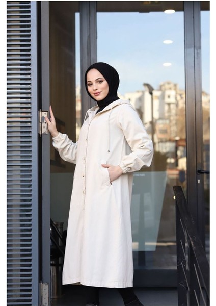 Denim Kapşonlu Kap- Denim Pardesü Ekru fiyatları