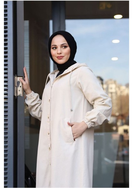 Denim Kapşonlu Kap- Denim Pardesü Ekru modelleri