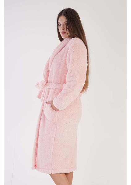 Kadın Pembe Renk Şal Yaka Cepli Kuşaklı Midi Boy Sabahlık C2T6N0603 modelleri