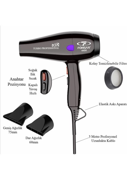 2600W Iyonlu Siyah Profesyonel Fön Makinesi, Güçlü ve Şık Tasarım fiyatları