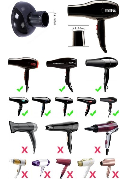 Siyah 4.2-5.2 cm Uyumu Profesyonel Fön Makinesi Difüzör Başlığı modelleri