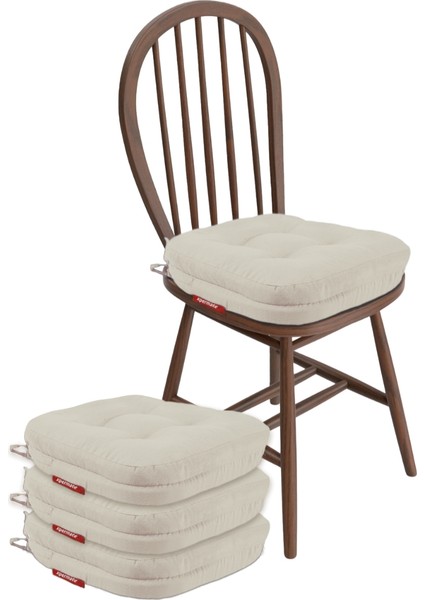 4'lü Çift Kat Sandalye Minderi Fermuarlı Yıkanabilir Kılıf Bağcıklı Su ve Yağ Itici 42 x 42 x 8 Bej