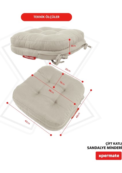 4'lü Çift Kat Sandalye Minderi Fermuarlı Yıkanabilir Kılıf Bağcıklı Su ve Yağ Itici 42 x 42 x 8 Bej modelleri