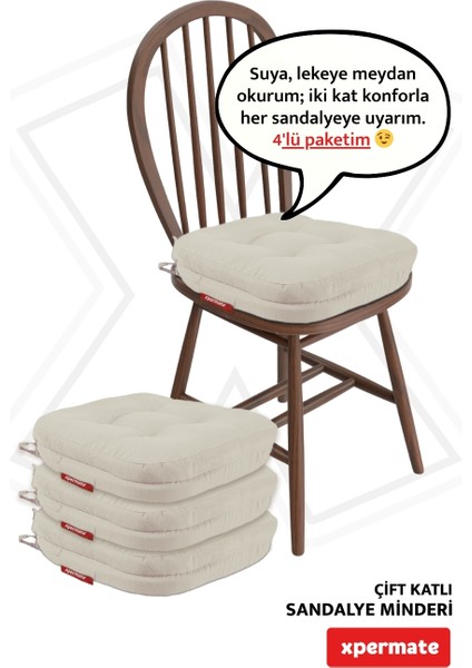 4'lü Çift Kat Sandalye Minderi Fermuarlı Yıkanabilir Kılıf Bağcıklı Su ve Yağ Itici 42 x 42 x 8 Bej fırsatları
