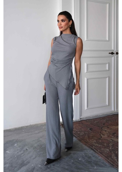 Regular Kalıp Pamuklu Bürümcük Kumaş Kadın Gri Bluz Pantolon Takım modelleri