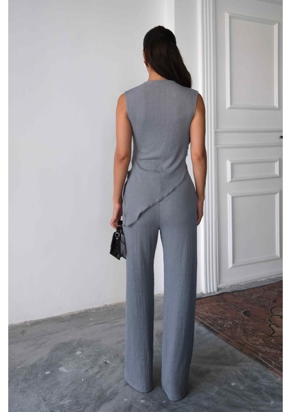 Regular Kalıp Pamuklu Bürümcük Kumaş Kadın Gri Bluz Pantolon Takım indirimleri