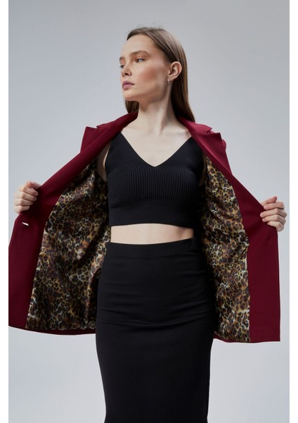Bordo Kruvaze Yaka Kolu Katlama Detaylı Regular Vatkalı Blazer Ceket