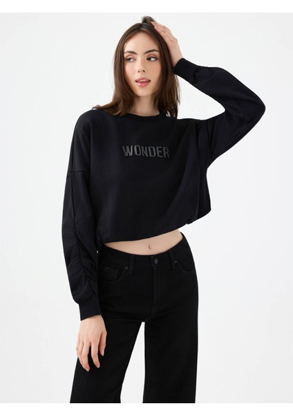 Long Crop Siyah Kadın Sweatshirt LF2040690
