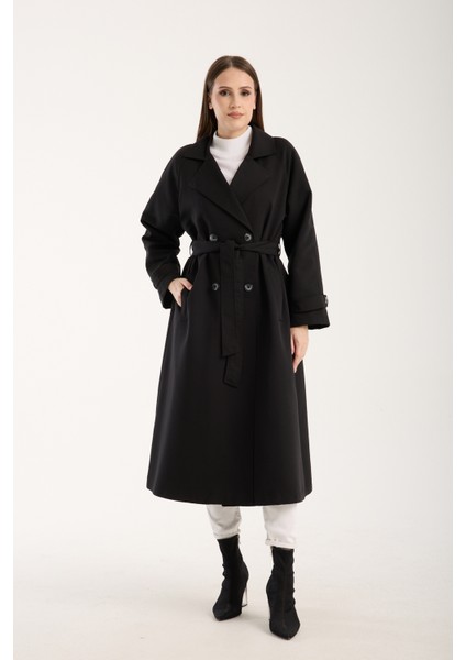 Siyah Kemerli Oversize Astarlı Trençkot 46159
