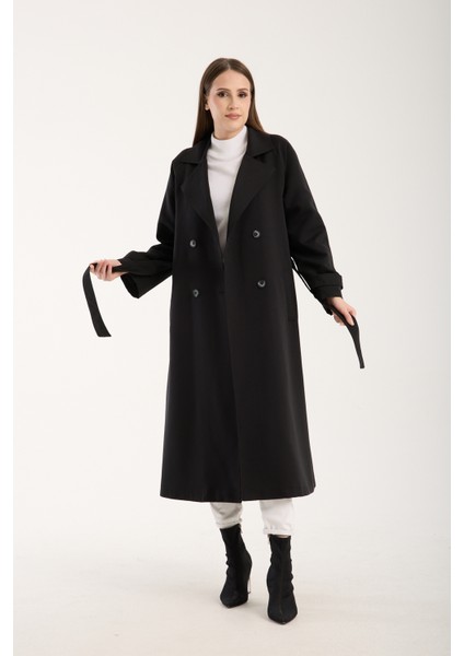 Siyah Kemerli Oversize Astarlı Trençkot 46159