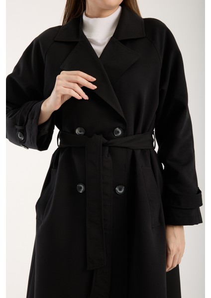 Siyah Kemerli Oversize Astarlı Trençkot 46159