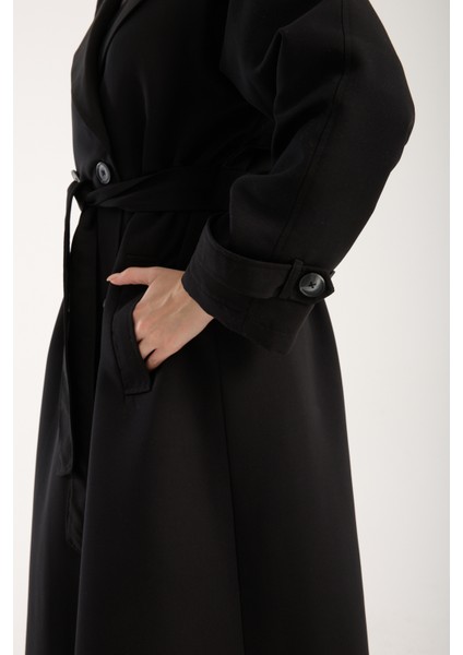 Siyah Kemerli Oversize Astarlı Trençkot 46159
